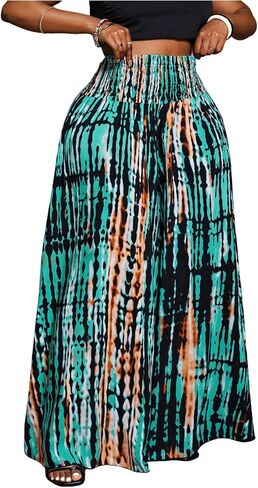 Gorglitter Women's Plus Size Boho Wide Leg Pants Smoocked High Phered Flowy Palazzo Pants Works Brounds Bottoms in Saudi Arabia