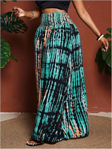 Gorglitter Women's Plus Size Boho Wide Leg Pants Smoocked High Phered Flowy Palazzo Pants Works Brounds Bottoms in Saudi Arabia