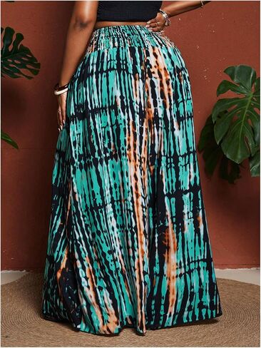 Gorglitter Women's Plus Size Boho Wide Leg Pants Smoocked High Phered Flowy Palazzo Pants Works Brounds Bottoms in Saudi Arabia