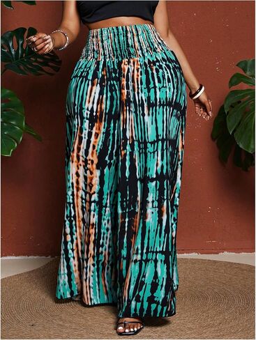 Gorglitter Women's Plus Size Boho Wide Leg Pants Smoocked High Phered Flowy Palazzo Pants Works Brounds Bottoms in Saudi Arabia