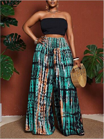 Gorglitter Women's Plus Size Boho Wide Leg Pants Smoocked High Phered Flowy Palazzo Pants Works Brounds Bottoms in Saudi Arabia
