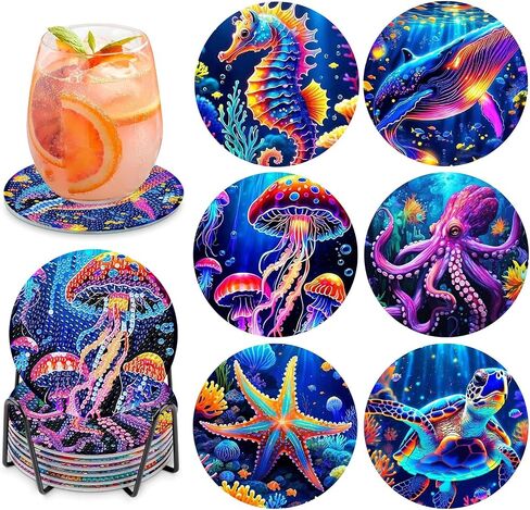 8 Pcs Diamond Art Coasters Kits, Diamond Art Kits for Adults Coasters, Beach Diamond Painting Coaster Kits, Small Diamond Painting Kits Art Craft Supplies in Saudi Arabia