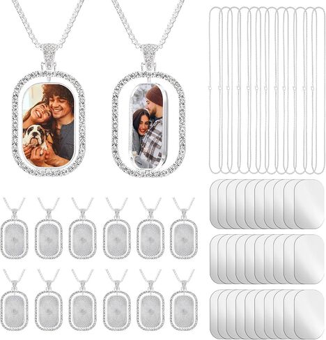 12 Pcs Sublimation Rhinestone Trays Pendant Set, Including 12 Double Sided Blank Rhinestone Bezel Trays, 12 Pcs Thick Chains with 24 Double-sided tape in Saudi Arabia