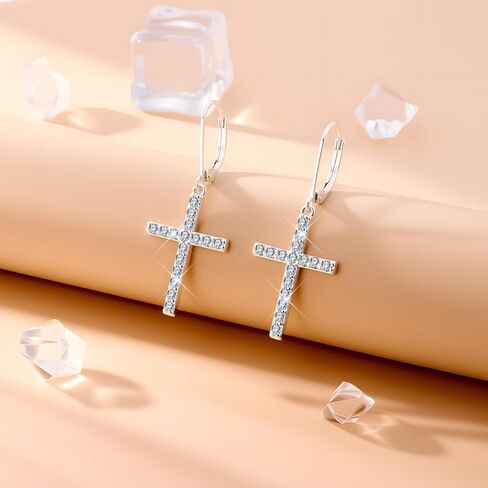 925 sterling Silver Cross Dangle أقراط للنساء 14K الذهب المطلي بالضيق البسيط CZ Cross Drop أقراط للنساء العصرية Leverback Leverback in Saudi Arabia