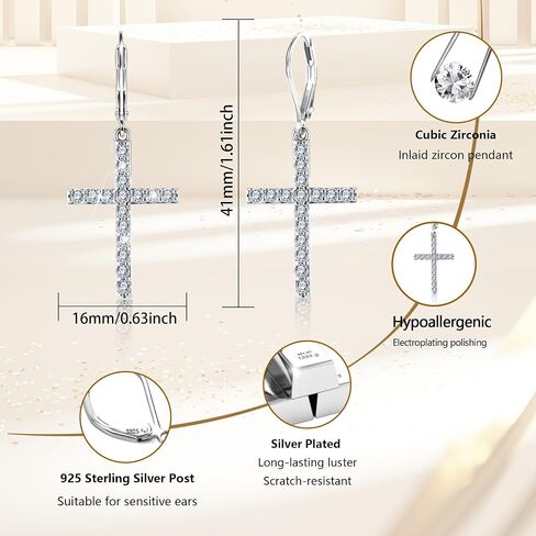 925 sterling Silver Cross Dangle أقراط للنساء 14K الذهب المطلي بالضيق البسيط CZ Cross Drop أقراط للنساء العصرية Leverback Leverback in Saudi Arabia