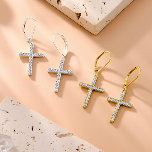 925 sterling Silver Cross Dangle أقراط للنساء 14K الذهب المطلي بالضيق البسيط CZ Cross Drop أقراط للنساء العصرية Leverback Leverback in Saudi Arabia