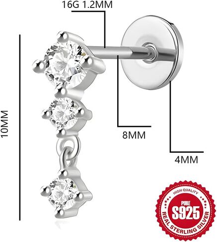 الفضة الاسترليني 925 حلق الظهر المسطح للنساء 1pc 16g الحلزونية مثقبة للمجوهرات تدفق الغضروف في حلق Tragus tragus داخليًا إلى الأمام. in Kuwait