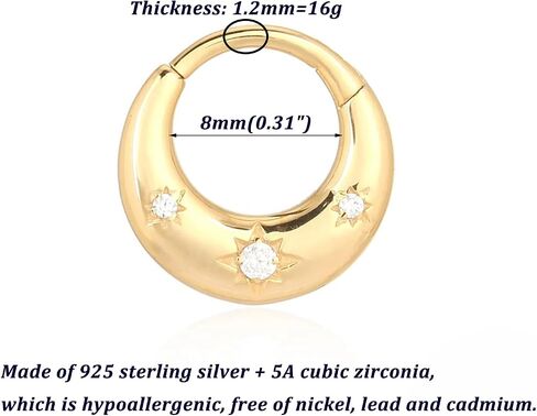 Lantine 8mm Moon Septum Ring Cz Sun Daith, Helix, Tragus Rook Piercing Jewelry 925 Sterling Silver 16G Hinged Clicker Cartilage Hoops Earrings in Saudi Arabia