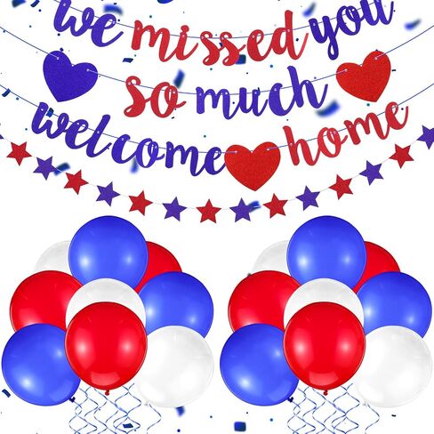 Welcome Home Decorations Welcome Home We Missed You So Much Banner Glitter Garland and Balloons Family Housewarming Party Supplies Military Army Welcome Back Party Decor(Red) in Saudi Arabia