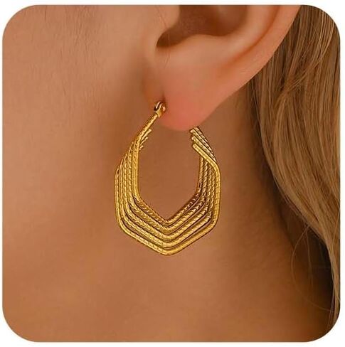 18K Gold Plated Chunky Geometric Irregular Hoop Earrings for Women Stainless Steel Vintage Twist Hoop Earrings Hypoallergenic Statement Dangle Earrings Jewelry in Kuwait