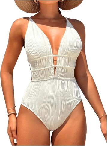 WDIRARA Women's Textured Deep V Neck One Piece Swimsuit Criss Cross Tie Backless Swimwear in Saudi Arabia