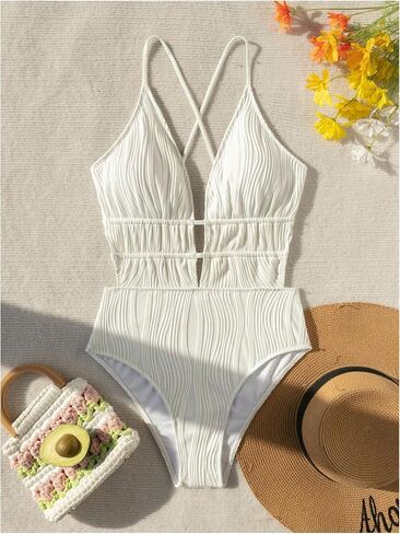 WDIRARA Women's Textured Deep V Neck One Piece Swimsuit Criss Cross Tie Backless Swimwear in Saudi Arabia