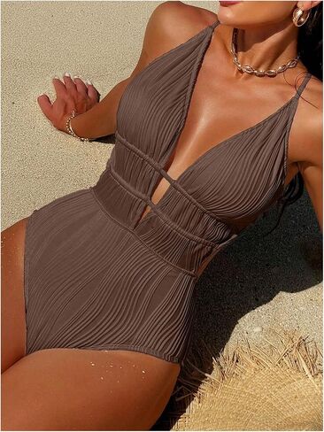 WDIRARA Women's Textured Deep V Neck One Piece Swimsuit Criss Cross Tie Backless Swimwear in Saudi Arabia