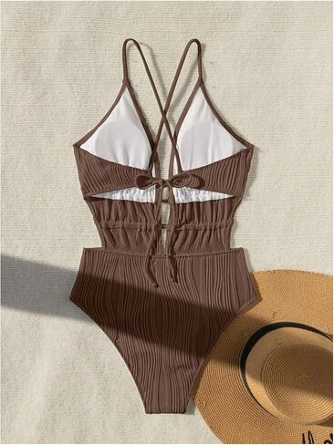 WDIRARA Women's Textured Deep V Neck One Piece Swimsuit Criss Cross Tie Backless Swimwear in Saudi Arabia