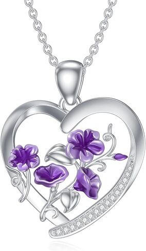 Diamond Birth Flower Necklace for Women 925 Sterling Silver Birth Month Flower in Heart Pendant with Lab Grown Diamond Jewelry Gifts for Her in Saudi Arabia