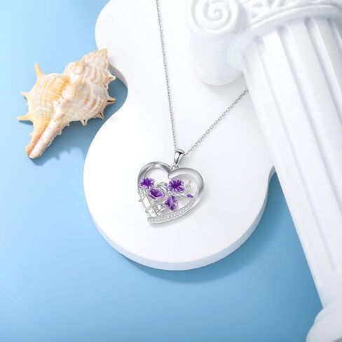 Diamond Birth Flower Necklace for Women 925 Sterling Silver Birth Month Flower in Heart Pendant with Lab Grown Diamond Jewelry Gifts for Her in Saudi Arabia