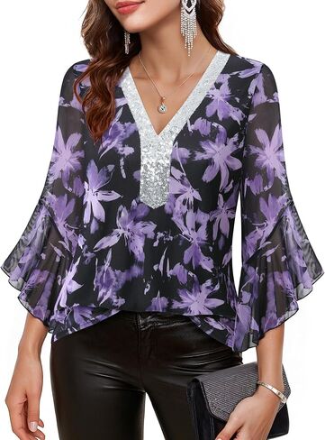 Timeson Women's Shuffle 3/4 Sleeve Sparkly Tops Sequin v Neck Blouses Dary Fall Stirts in Kuwait