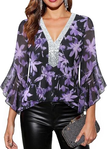 Timeson Women's Shuffle 3/4 Sleeve Sparkly Tops Sequin v Neck Blouses Dary Fall Stirts in Kuwait