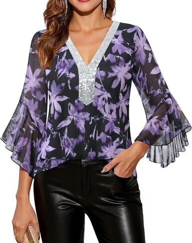 Timeson Women's Shuffle 3/4 Sleeve Sparkly Tops Sequin v Neck Blouses Dary Fall Stirts in Kuwait