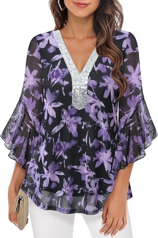 Timeson Women's Shuffle 3/4 Sleeve Sparkly Tops Sequin v Neck Blouses Dary Fall Stirts in Kuwait