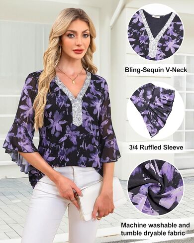 Timeson Women's Shuffle 3/4 Sleeve Sparkly Tops Sequin v Neck Blouses Dary Fall Stirts in Kuwait