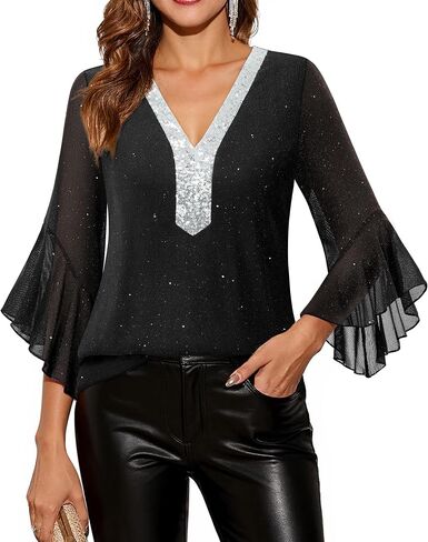 Timeson Women's Shuffle 3/4 Sleeve Sparkly Tops Sequin v Neck Blouses Dary Fall Stirts in Kuwait