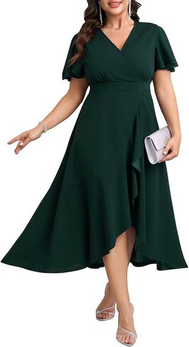 SCOMCHIC Plus Size Formal Dresses for Women Wedding Guest V Neck Wrap Ruffle Split Cocktail Party Evening Gowns Dress in Saudi Arabia