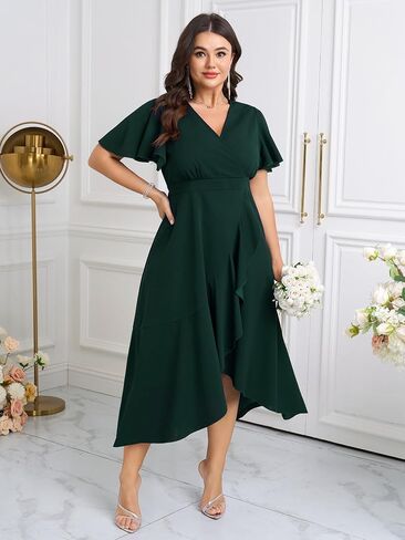 SCOMCHIC Plus Size Formal Dresses for Women Wedding Guest V Neck Wrap Ruffle Split Cocktail Party Evening Gowns Dress in Saudi Arabia