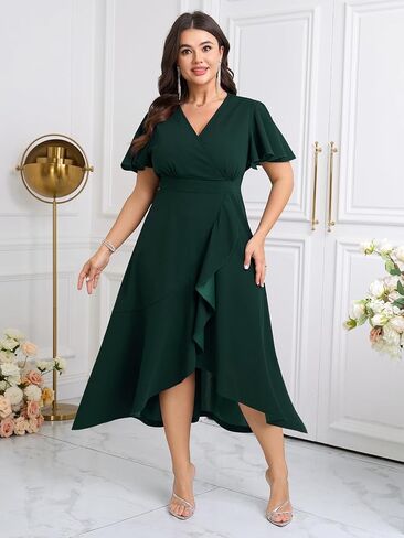 SCOMCHIC Plus Size Formal Dresses for Women Wedding Guest V Neck Wrap Ruffle Split Cocktail Party Evening Gowns Dress in Saudi Arabia