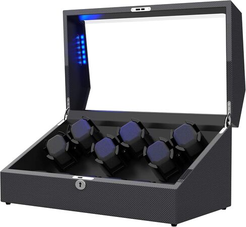 Watch Winder for 12 Automatic Watches, Elegant Carbon Fiber Shell with Flexible Watch Pillows, Built-in Led Lights, with 6 Extra Storage Slots (Carbon Fiber) in Saudi Arabia