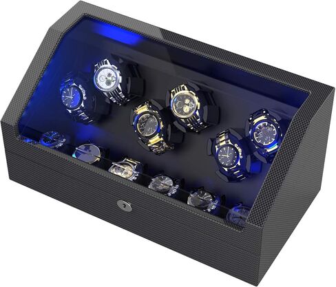 Watch Winder for 12 Automatic Watches, Elegant Carbon Fiber Shell with Flexible Watch Pillows, Built-in Led Lights, with 6 Extra Storage Slots (Carbon Fiber) in Saudi Arabia