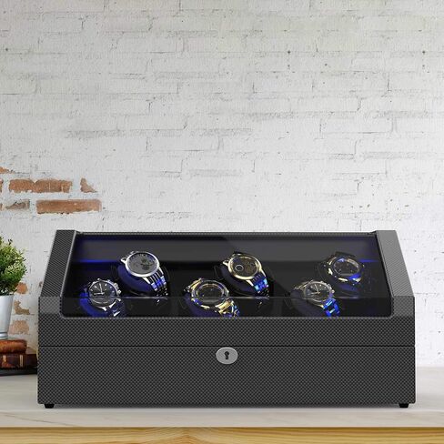 Watch Winder for 12 Automatic Watches, Elegant Carbon Fiber Shell with Flexible Watch Pillows, Built-in Led Lights, with 6 Extra Storage Slots (Carbon Fiber) in Saudi Arabia