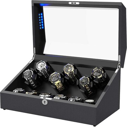Watch Winder for 12 Automatic Watches, Elegant Carbon Fiber Shell with Flexible Watch Pillows, Built-in Led Lights, with 6 Extra Storage Slots (Carbon Fiber) in Saudi Arabia