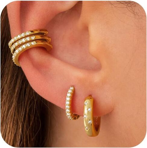 طوق غولد جولد تشيسكي مجموعة للنساء ، و 14 كيلو بايت مطلي بالذهب مكتنزة بسيطة من الكفة المكعبات مكعبات Zirconia Star Hoop مجموعات القرط لعدة خارقة Hypoallergenic stud أقراط مداخن المجوهرات الهدايا in Kuwait