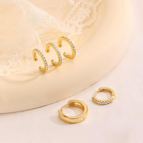 طوق غولد جولد تشيسكي مجموعة للنساء ، و 14 كيلو بايت مطلي بالذهب مكتنزة بسيطة من الكفة المكعبات مكعبات Zirconia Star Hoop مجموعات القرط لعدة خارقة Hypoallergenic stud أقراط مداخن المجوهرات الهدايا in Kuwait