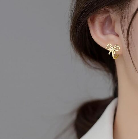 REFFEER SOLID 925 Sterling Silver Bow أقراط الشريط للنساء المراهقات Bowknot أقراط Huggie in Saudi Arabia