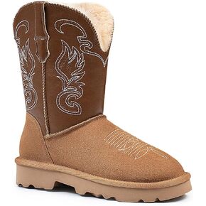 Winter Cowboy Snow Boots for Women - Genuine Suede Leather Cowgirl Boots, Western Embroidered Mid-Calf Botas Warm Furry Lined in Saudi Arabia
