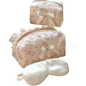 Floral Makeup Bag Set of 2 with Pearl Lace Bow + Silk Eye Mask, Coquette Accessories, Aesthetic Cute Makeup Bags for Women, Large & Small Pouch Set, Cotton Pouches for Purse, Gift Set for Women Girls in Saudi Arabia