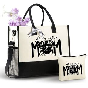 InnoBeta Pug Gifts for Women,Pug Lovers, Pug Mom, Canvas Tote Bag with Top Zipper Closure and Shoulder Strap for Birthday, Mother's Day, Christmas-Mom in Saudi Arabia