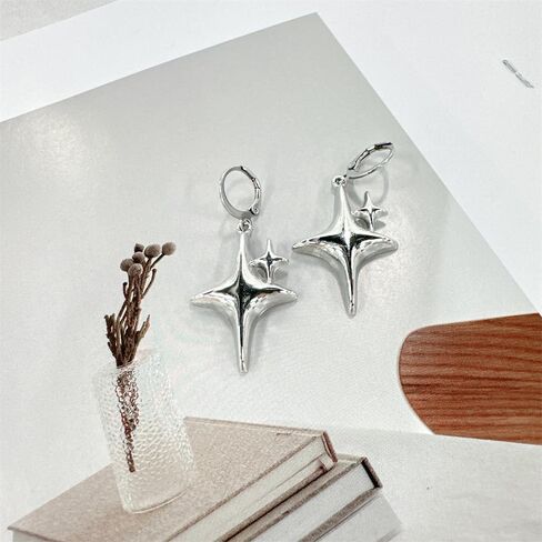 Double Star Dangle Drop Small Hoop Earrings for Women Silver Plated Hypoallergenic Huggie Hoops Fashion Trendy Y2K Jewelry for Her Bff in Saudi Arabia