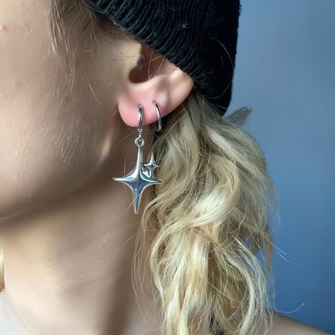 Double Star Dangle Drop Small Hoop Earrings for Women Silver Plated Hypoallergenic Huggie Hoops Fashion Trendy Y2K Jewelry for Her Bff in Saudi Arabia