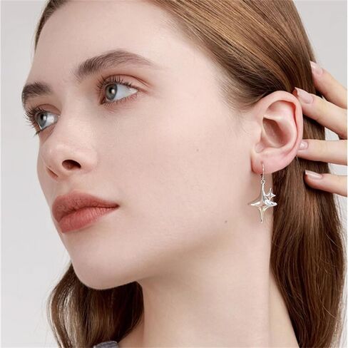 Double Star Dangle Drop Small Hoop Earrings for Women Silver Plated Hypoallergenic Huggie Hoops Fashion Trendy Y2K Jewelry for Her Bff in Saudi Arabia