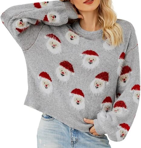Ugly Christmas Sweaters for Women Cute Santa Knitted Pullover Casual Loose Crewneck Long Sleeve Ugly Xmas Sweaters Ladies in Saudi Arabia