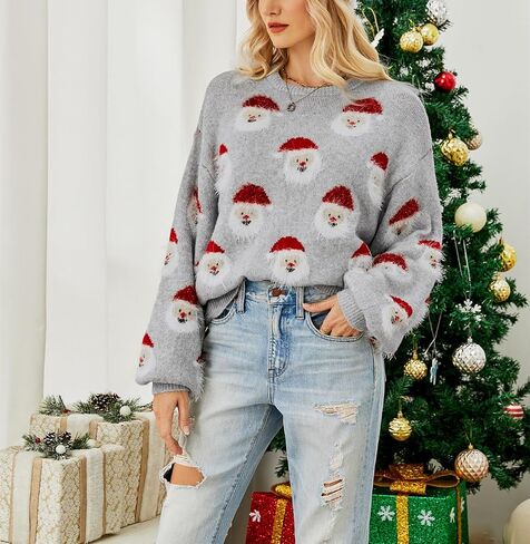 Ugly Christmas Sweaters for Women Cute Santa Knitted Pullover Casual Loose Crewneck Long Sleeve Ugly Xmas Sweaters Ladies in Saudi Arabia