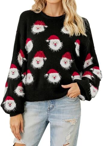Ugly Christmas Sweaters for Women Cute Santa Knitted Pullover Casual Loose Crewneck Long Sleeve Ugly Xmas Sweaters Ladies in Saudi Arabia