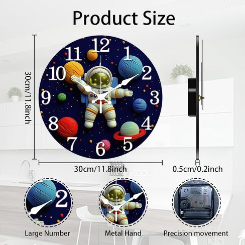 CHGCRAFT 3D Cute Astronaut Pattern Wall Clock 12 Inch Non-Ticking Clocks Round Starry Sky Planet Wall Hanging Clock Battery Operated for Bedroom Living Room Kitchen Office in Saudi Arabia
