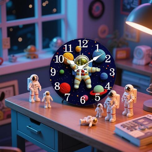 CHGCRAFT 3D Cute Astronaut Pattern Wall Clock 12 Inch Non-Ticking Clocks Round Starry Sky Planet Wall Hanging Clock Battery Operated for Bedroom Living Room Kitchen Office in Saudi Arabia