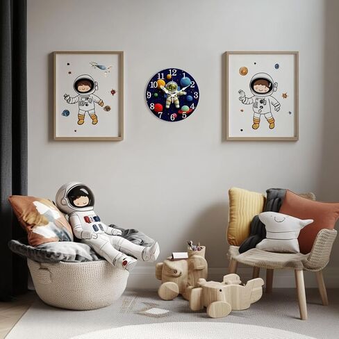 CHGCRAFT 3D Cute Astronaut Pattern Wall Clock 12 Inch Non-Ticking Clocks Round Starry Sky Planet Wall Hanging Clock Battery Operated for Bedroom Living Room Kitchen Office in Saudi Arabia