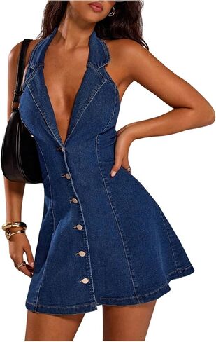 Floerns Women's Y2k Denim Halter Mini Dress Sleeveless Deep V Neck Button Down A Line Going Out Jean Dresses in Saudi Arabia
