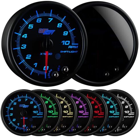 GlowShift Tinted 7 Color 10,000 RPM Tachometer Gauge - for 1-10 Cylinder Gas Powered Engines - Built-in Shift Light - Mounts in Custom Dashboard - Black Dial - Smoked Lens - 3-3/4" 95mm in Saudi Arabia